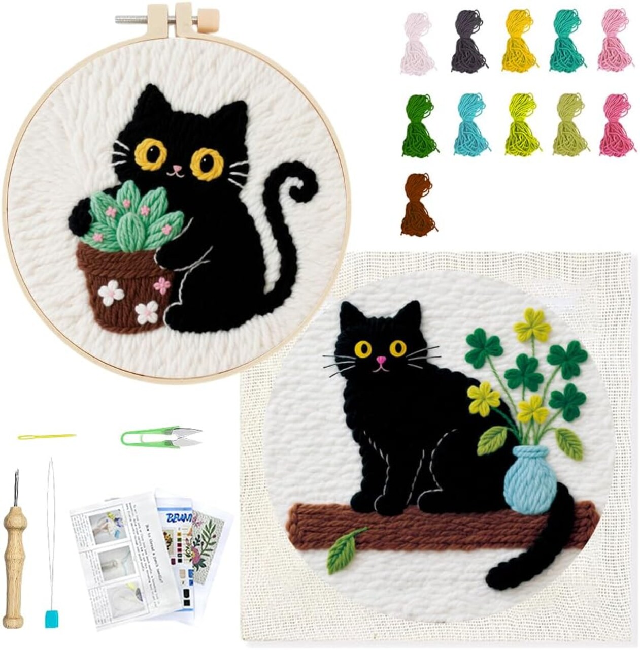 2PCS Black Cat Punch Needle Kit for Adults & Beginners – Complete DIY Embroidery Set with Hoop, Yarn & Instructions, Starter Craft Kit for Home Decor and Gifts (20×20cm)